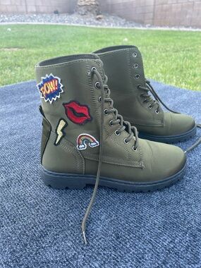 Kids Olive Green Lace-Up Combat Boots with Patch Accents